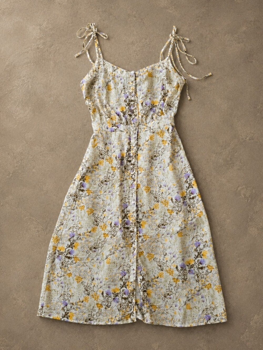 Forever 21 Cream Floral Tie-Shoulder Midi Dress with Yellow and Lavender Accents
